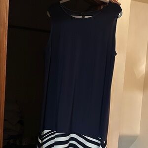 Navy Sleeveless Dress with Striped Hem
